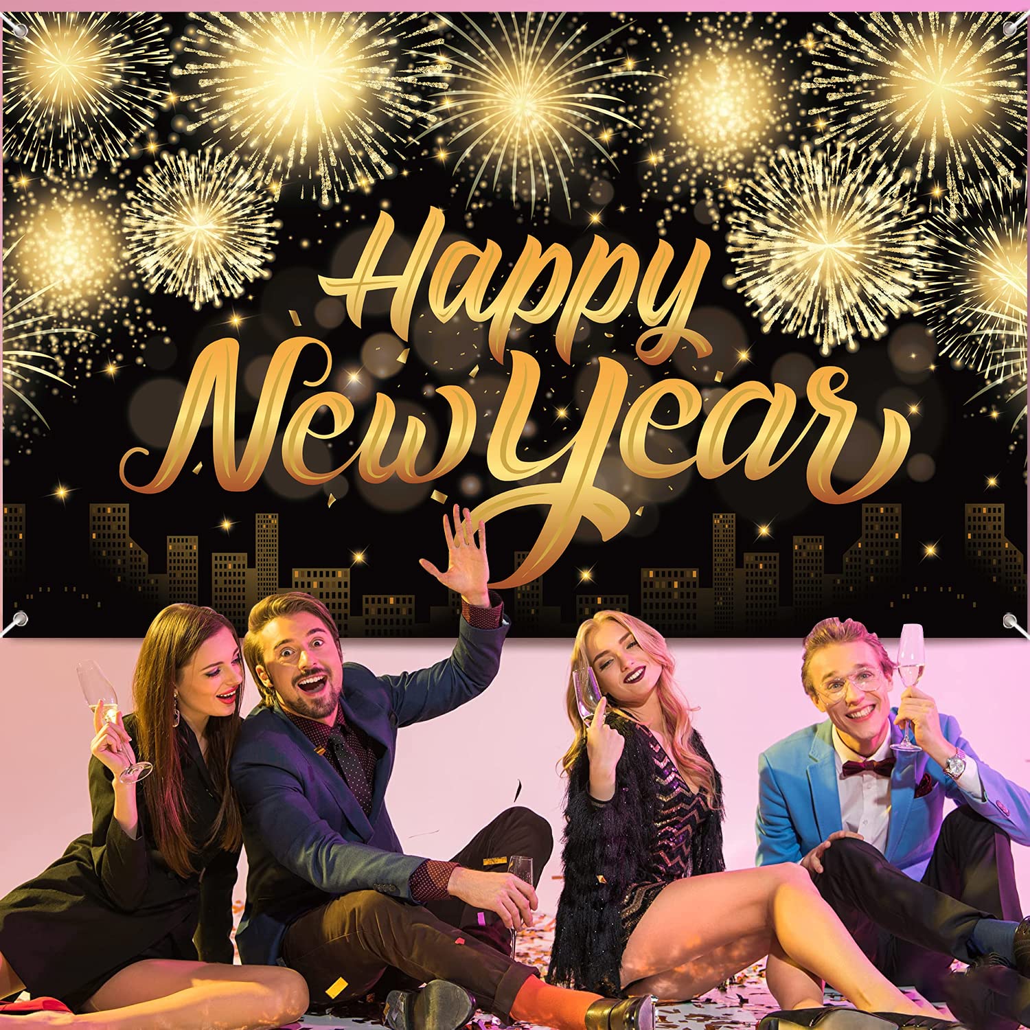 Banner Capodanno 2022 XXL 300x50 Cm – Striscione Nero E Oro Con Scritta Happy New Year – Decorazione Per Festa Interna Ed Esterna – Riutilizzabile In Tessuto