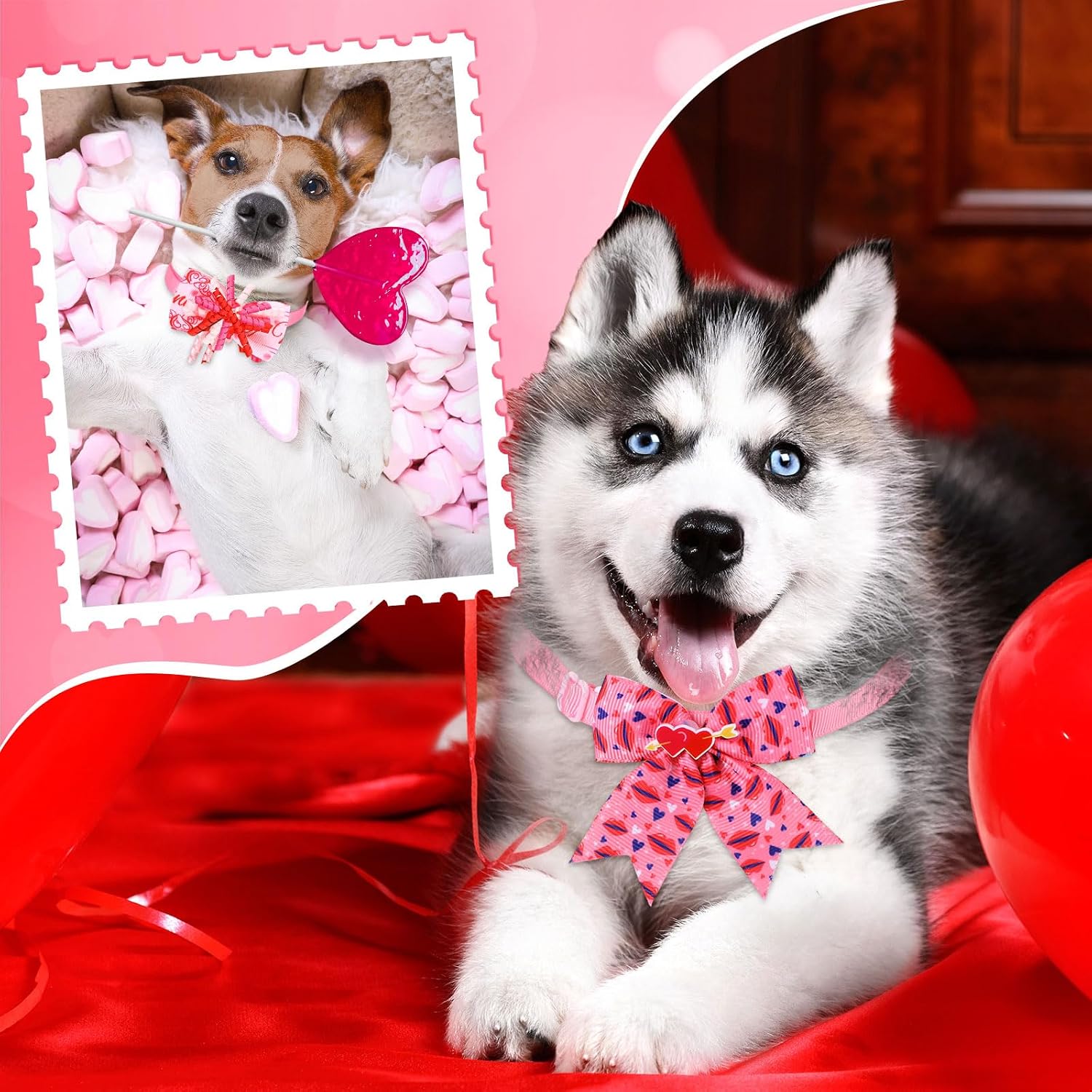 Huhumy 50 Pcs Valentine's Day Dog Collars St. Patrick's Bow Ties Valentine Dog Bowties Pink Red Heart Green Pet Collar Neckties for Small Medium Pet Cat Outfit Accessories Party Supplies