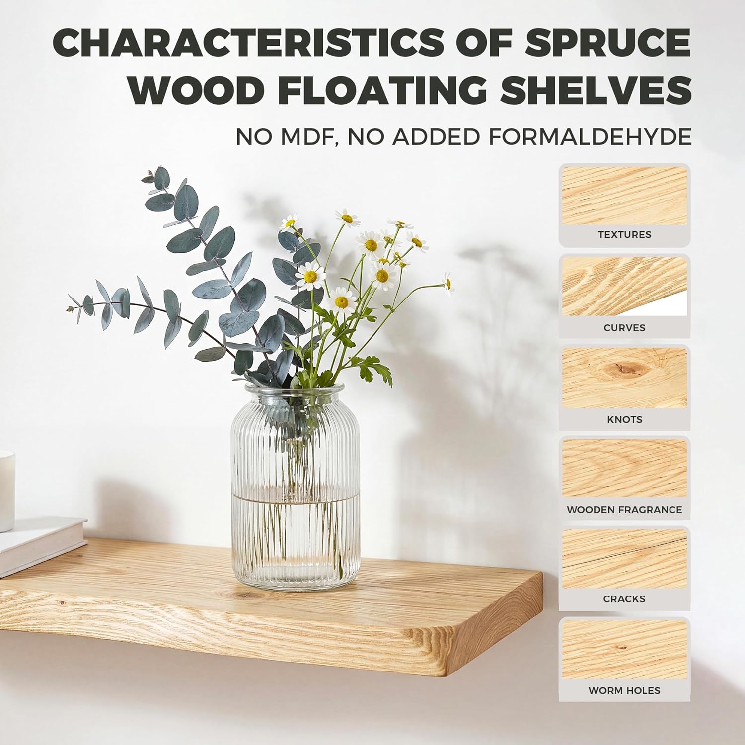 32 Inch Floating Shelves for Wall Decor, 88lbs Solid Spruce Wood Live Edge Floating Shelves, 8" Deep Rustic Wall Shelf for Bathroom Kitchen Bedroom Living Room, Invisible Bracket, Natural(Set of 2)