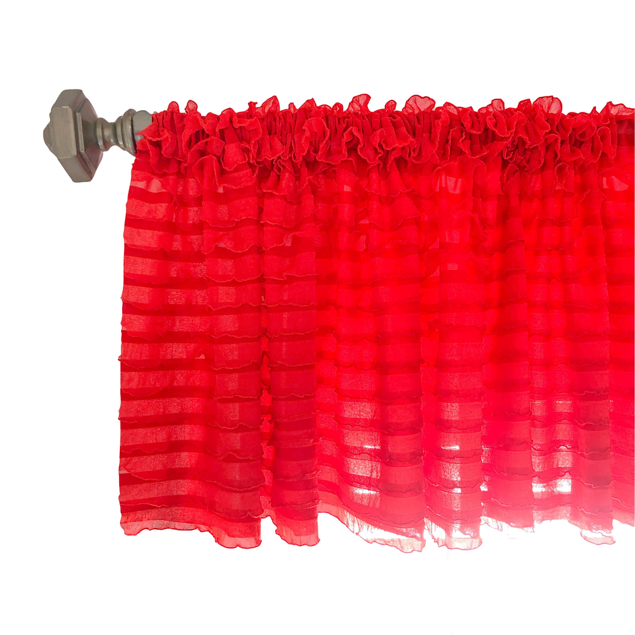 AVTRBoutique Red Ruffle Valance Curtain 14x61 | Farmhouse Rod Pocket Window Topper | Shabby Chic Sheer Kitchen Bathroom Bedroom Decor