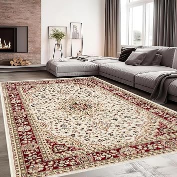 Rugs Inn Rome Rugs for Bedroom and Sitting Room - Super Soft Vintage Design Heavy Weight Anti Skid Large Traditional Area Rugs for Living Room TV Lounge Kitchen Carpet Cream, 200 x 290 cm