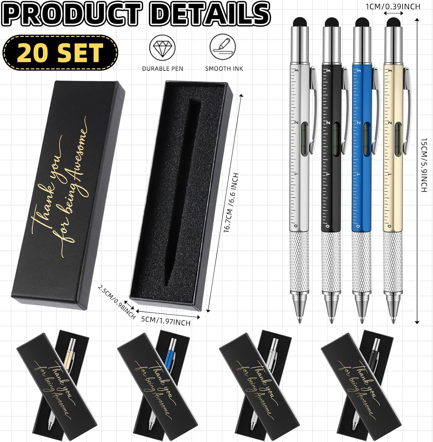 AmazingSpark 20 Sets Employee Multi-tool Gifts:Multi Tool Pen with Motivational Quote Boxes Bulk Appreciation Gifts for Adult Men Dad Husband Father's Day Birthday (Colorful,Black Box)
