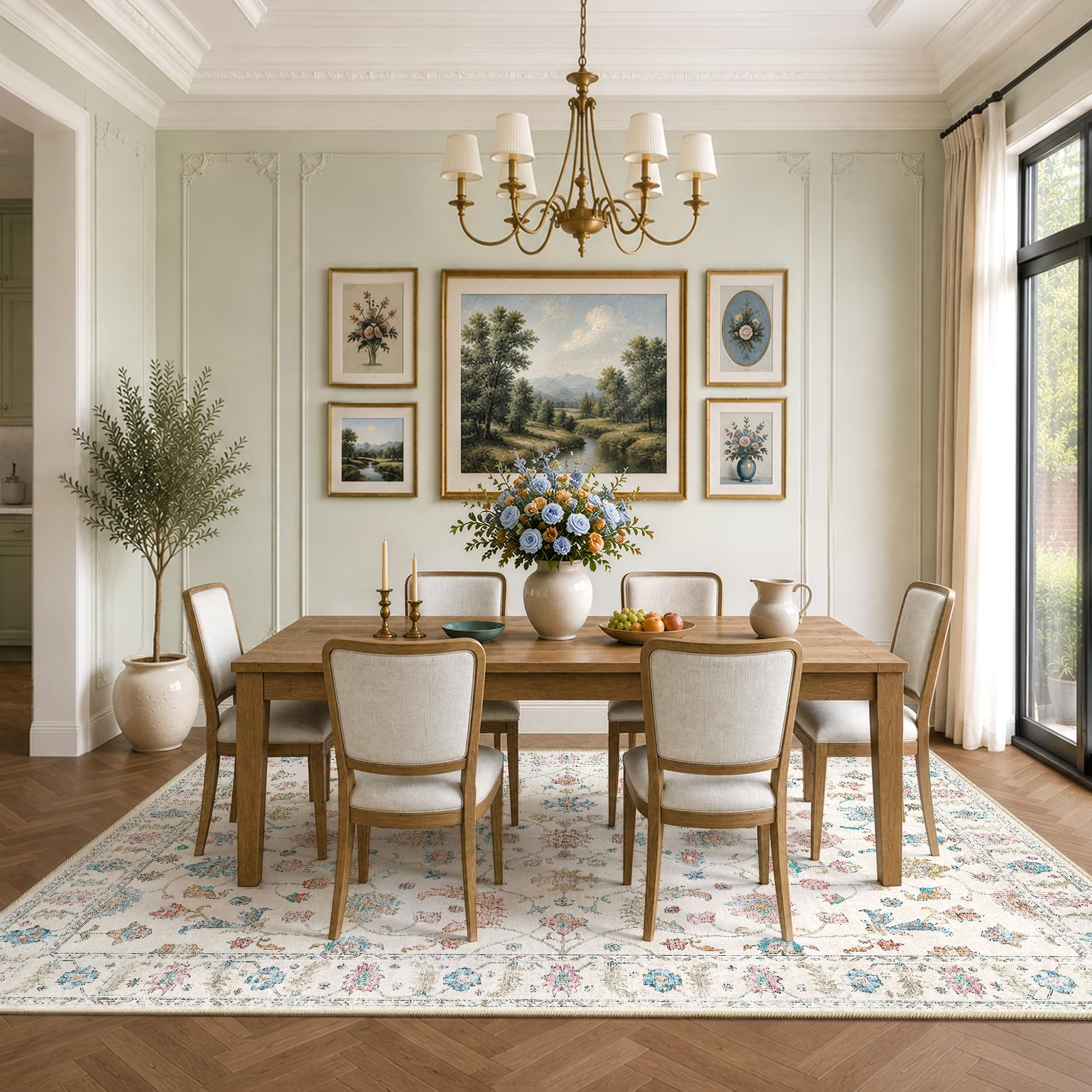 INOVADAY Waschbarer Teppich Boho 200x300 cm Cremeweiß Wohnzimmer Teppich | Schlafzimmer, Küche, Vintage, Eingangshalle, Esszimmer, Diele, Kurzflor, Rutschfest, Flur, Druckmuster, Weich, Pflegeleicht