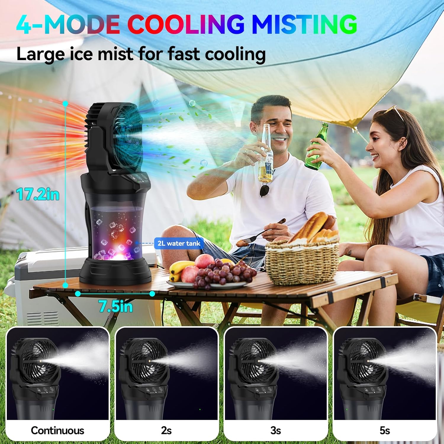 Wilody Misting Fan Portable Camping Fan Battery Powered with Remote Control, RGB Ambient Light with 2L Bucket, Battery Indicator, 120° Auto Oscillating, Timing Function, Grip Handle(Black)