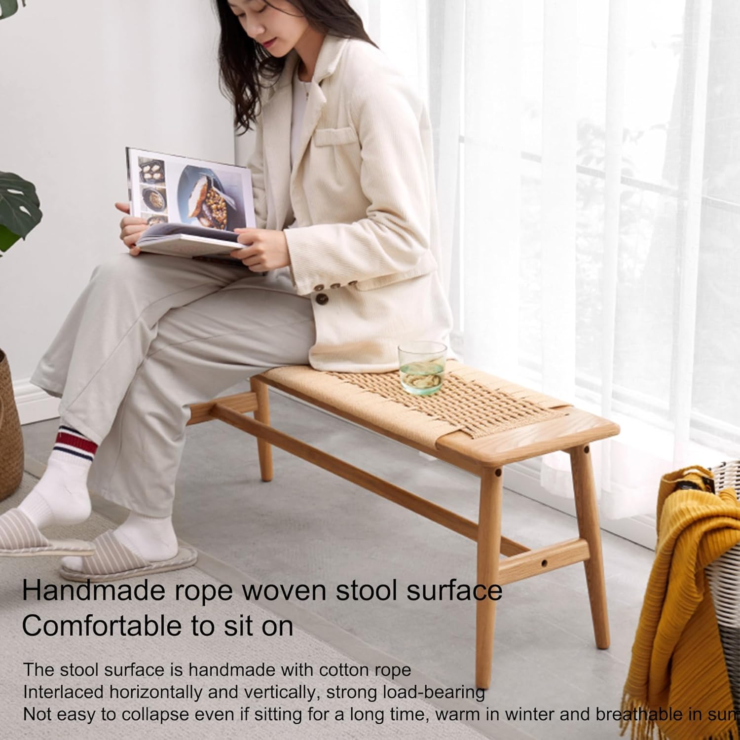 Wood Entryway Bench Seat for Dining Table Wooden End of Bed Bench for Bedroom Farmhouse Narrow Bench with Hand Woven Seat for Kitchen Dining Room Hallway Living Room