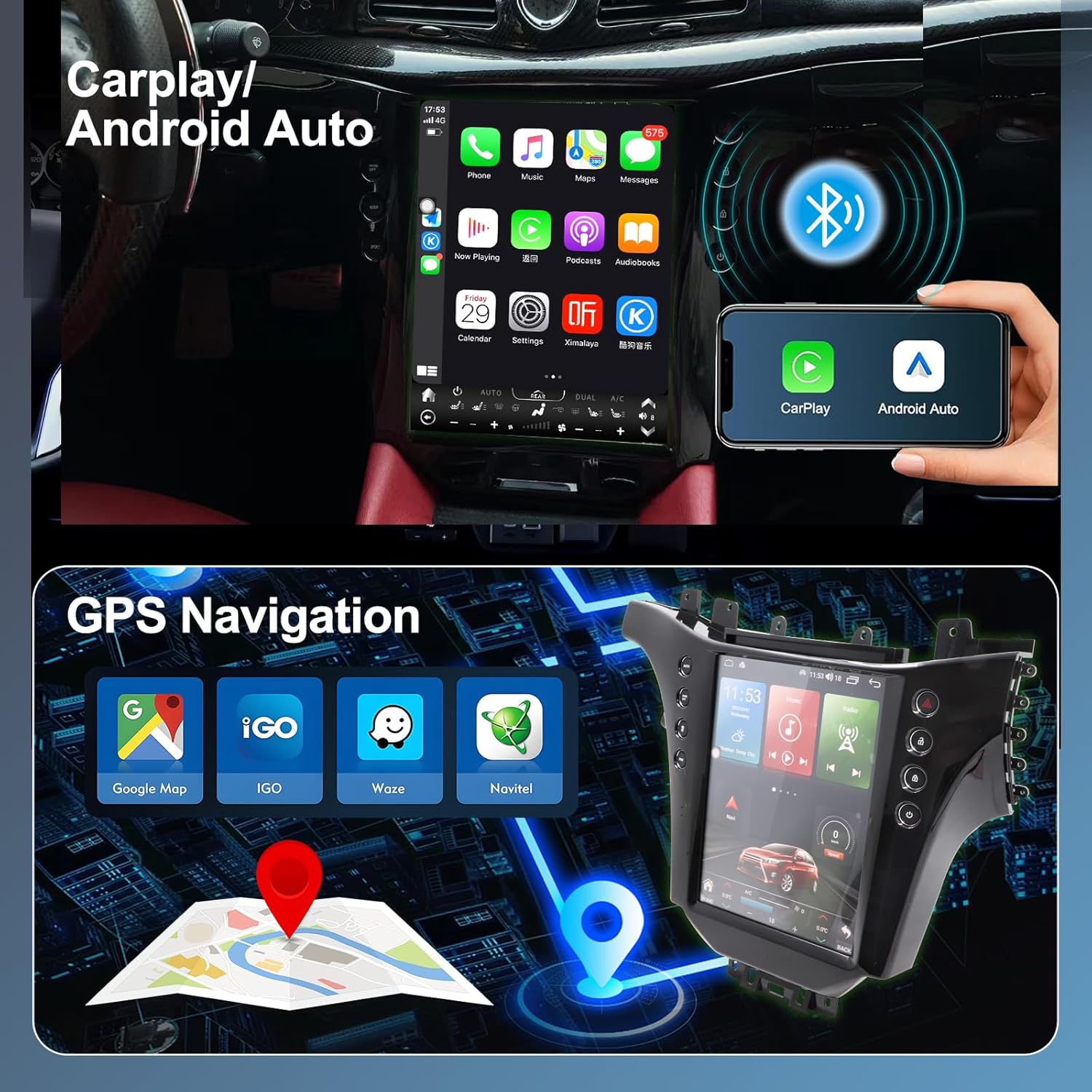 CarPlay, Android Auto, and GPS Navigation features on ASVEGE 12.1 inch Car Radio