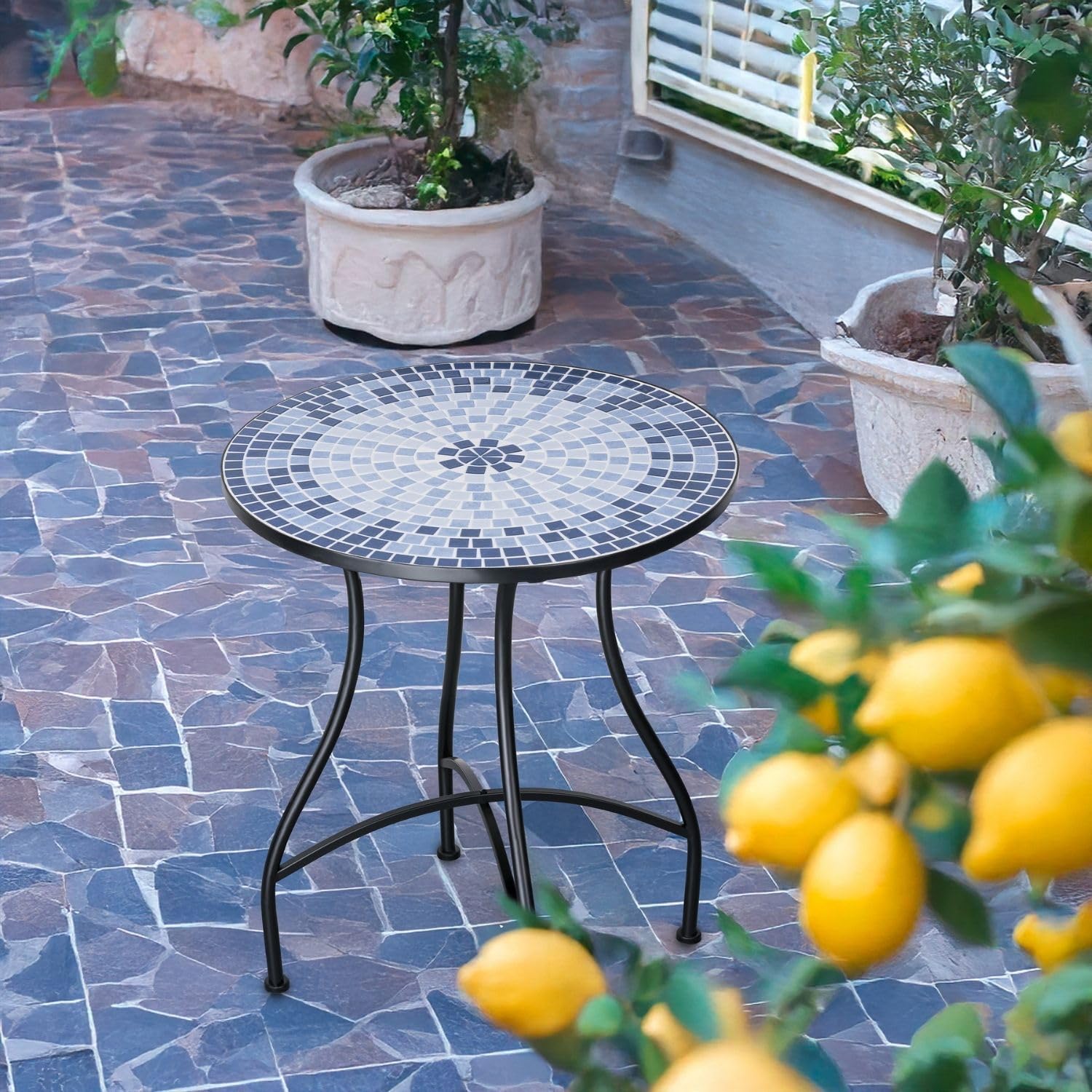 Mosaico da giardino, rotondo, in metallo, 60 cm, mosaico, da giardino, rotondo, per interni ed esterni, per terrazze, mosaico in pietra, per balcone, tavolo da pranzo mediterraneo