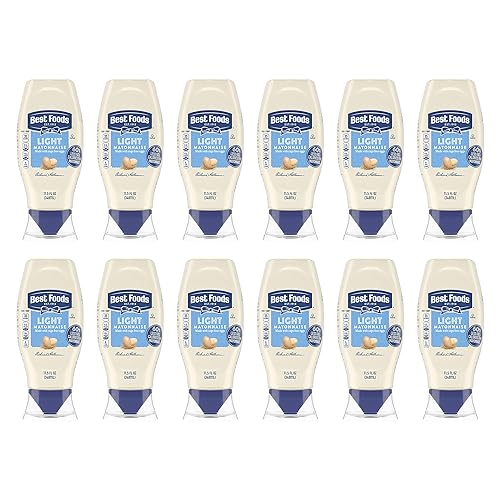 Best Foods Botella de mayonesa ligera para apretar, paquete de 12 unidades para untar cremoso sándwich o condimento hecho con huevos 100% sin