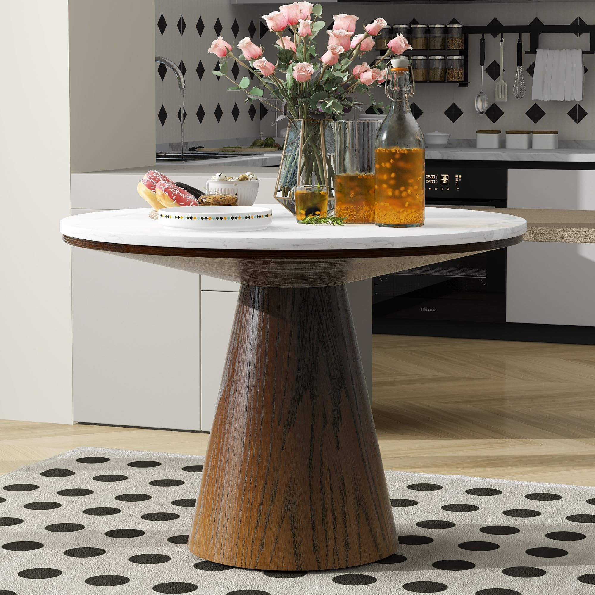 Merax Retro Round Dining Table, Minimalist Elegant Style, Wood Construction for Dining/Living Room, Brown