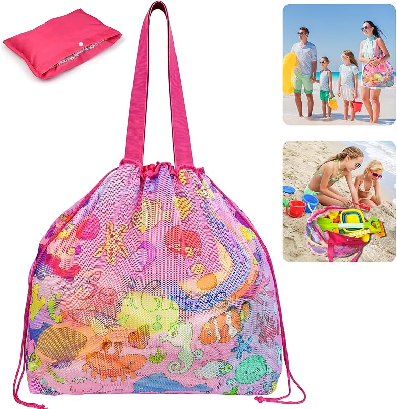 Large Mesh Beach Bag for Sand Toys Summer Pool Essentials, 26 inch | Breathable mesh, Quick-dry Sand Filter Tote Bag with Drawstring for Market, Grocery & Picnic, Pink