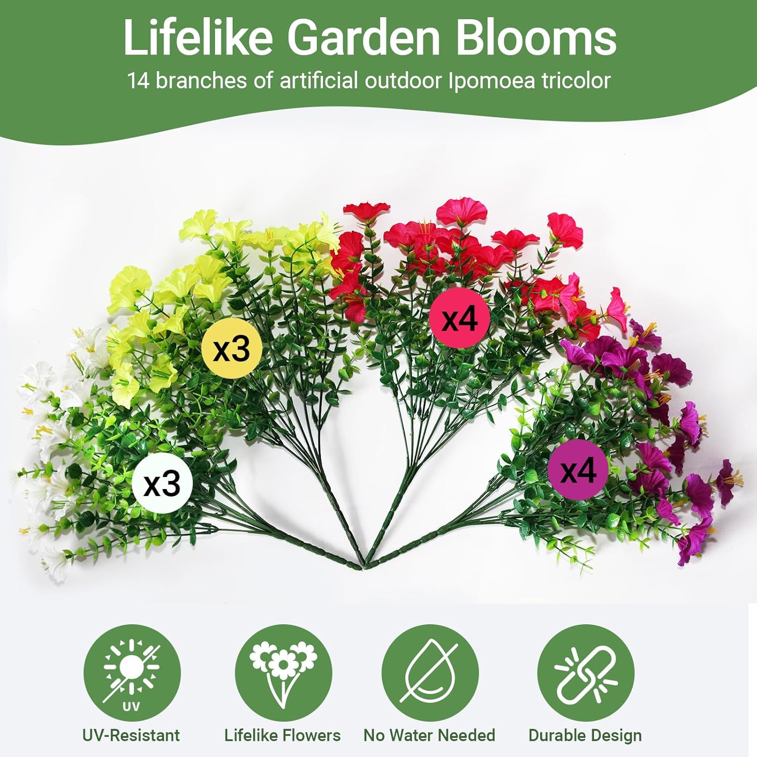 Outdoor Artificial Flowers, 14 Bundles UV Resistant Artificial Outdoor Plants for Garden, Patio & Porch Decor, Mixed Colors (Purple,Fuchsia,Yellow,White) - Image 2