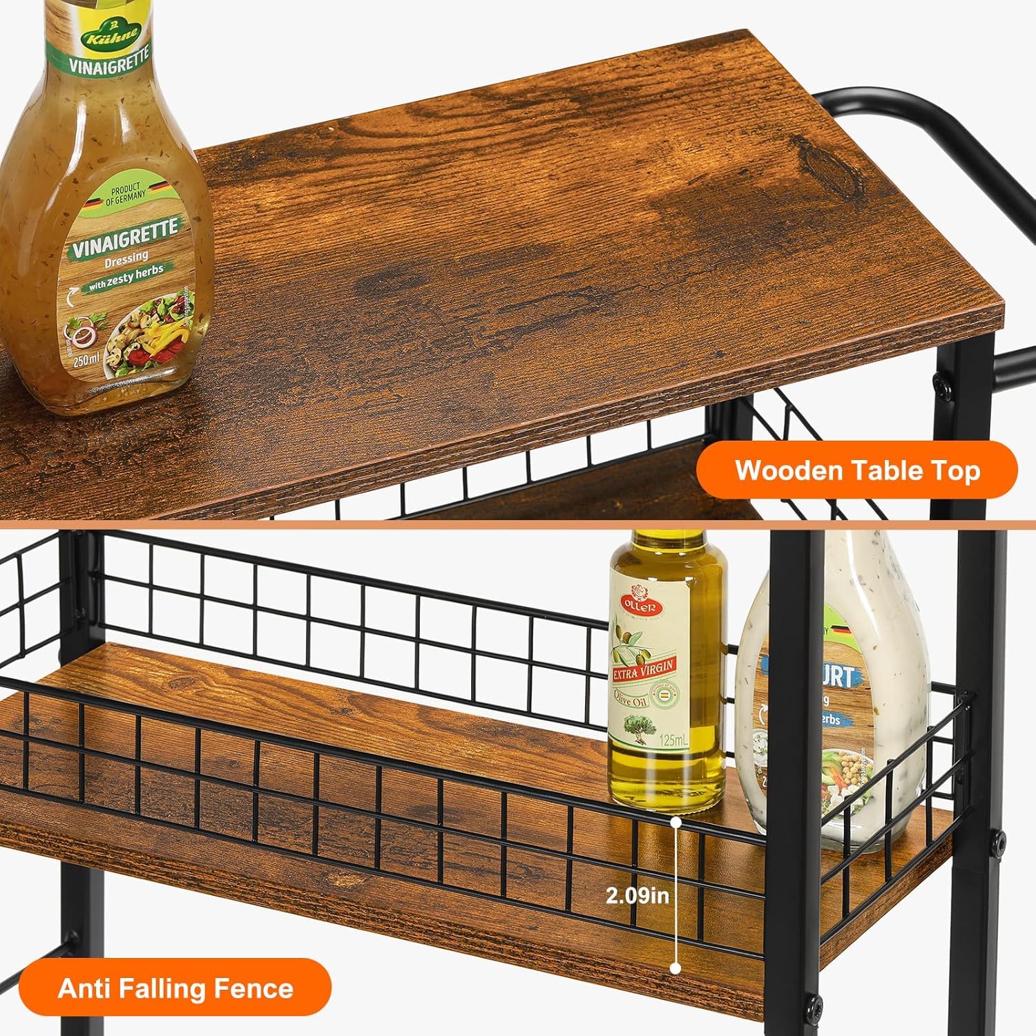 CADUKE Carrito de Almacenamiento Delgado de 4 Niveles, Carrito de Cocina Estrecho con Ruedas, Carrito de Servicio con Mesa de Madera, Unidad de estantería móvil, Organizador de Almacenamiento