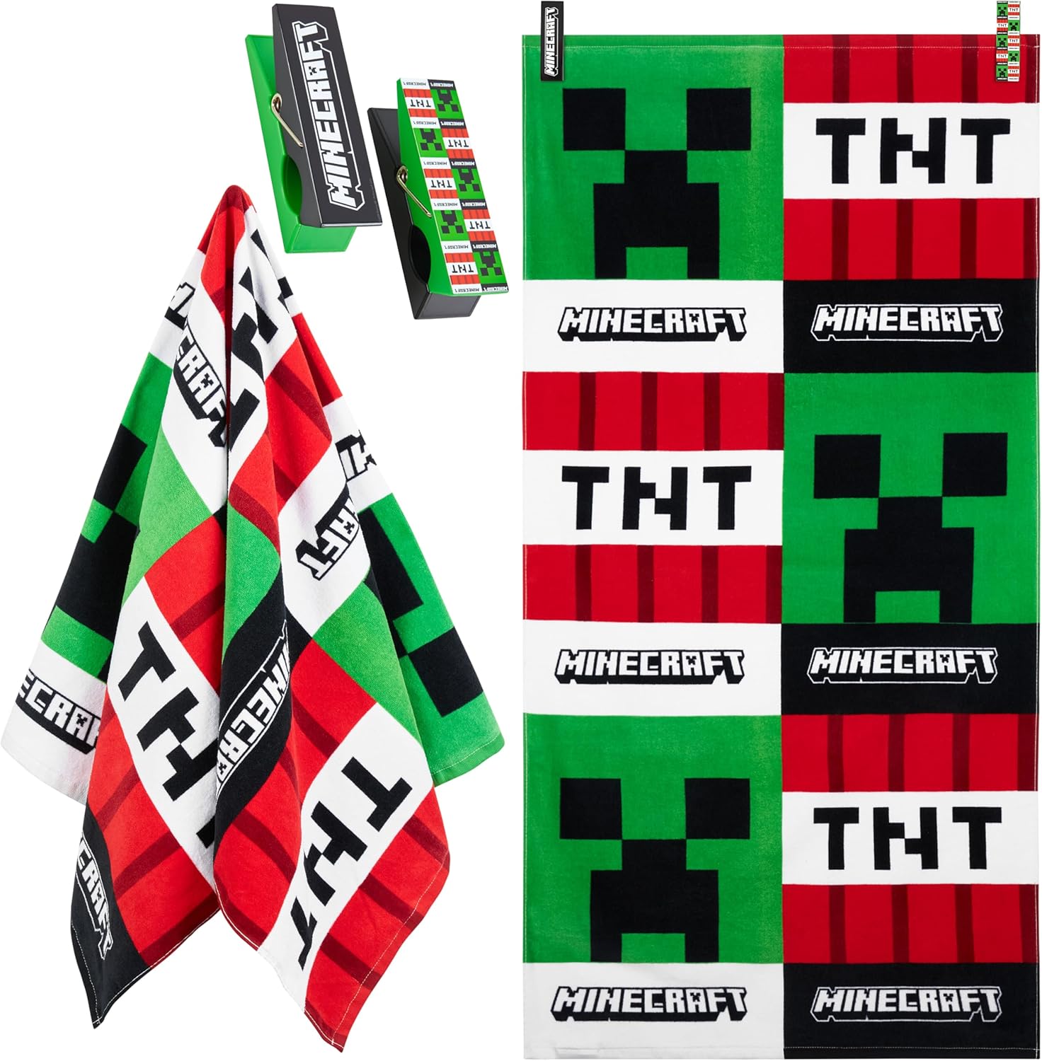 Minecraft Beach Towel for Kids Teens 2 Clothes Pins Creeper 100% Cotton Pool Towels TNT Bath Towel Beach Accessories Holiday Essentials 55x27 inch