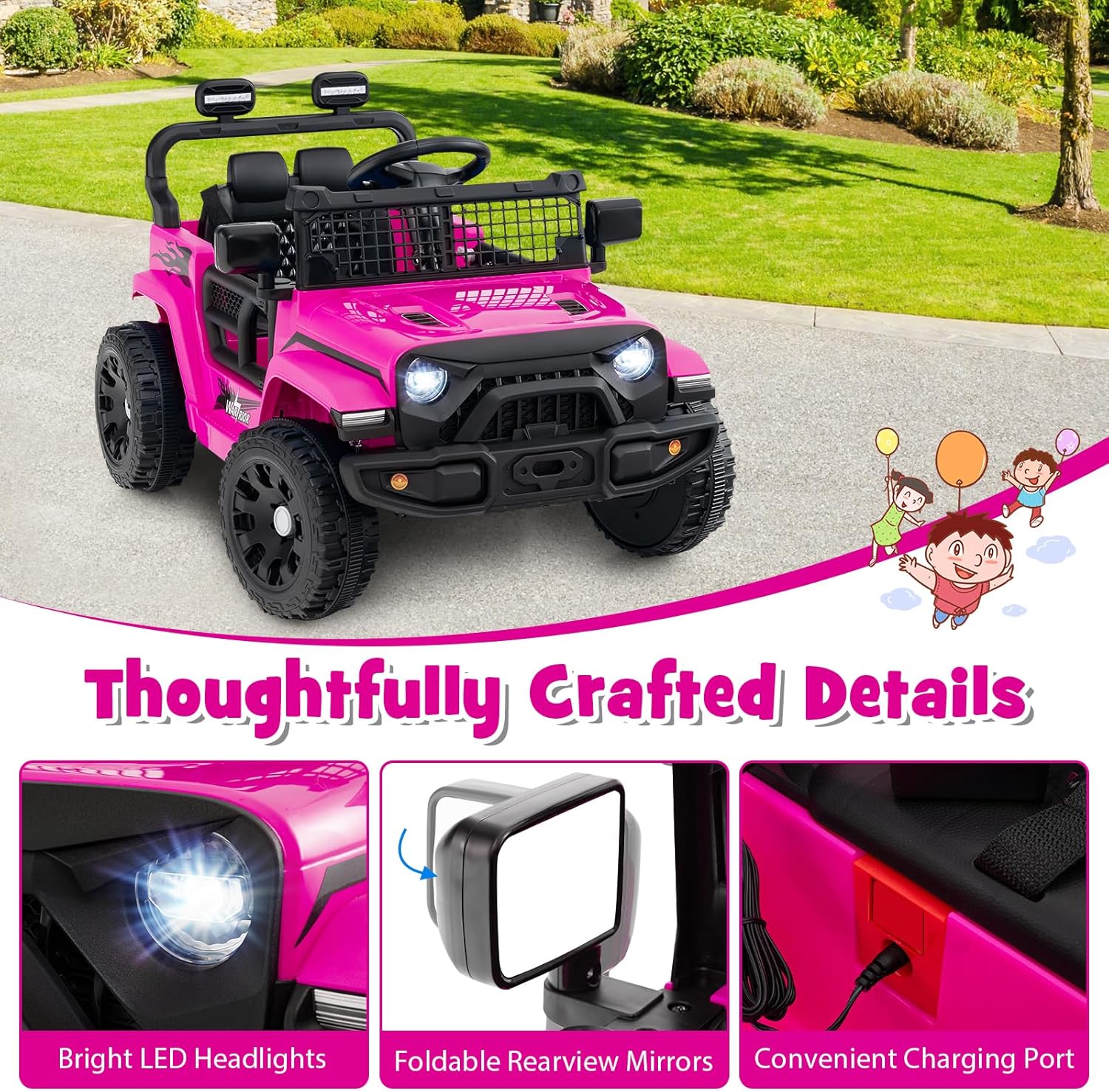Costzon Kids Ride on Car Truck, 12V Electric Vehicle w/Foldable Mirrors, 3 Speeds, LED Lights, Music & Horn, Ride on Toys Remote Control Car for Toddlers, Boys & Girls (Pink,34" × 23" × 21")