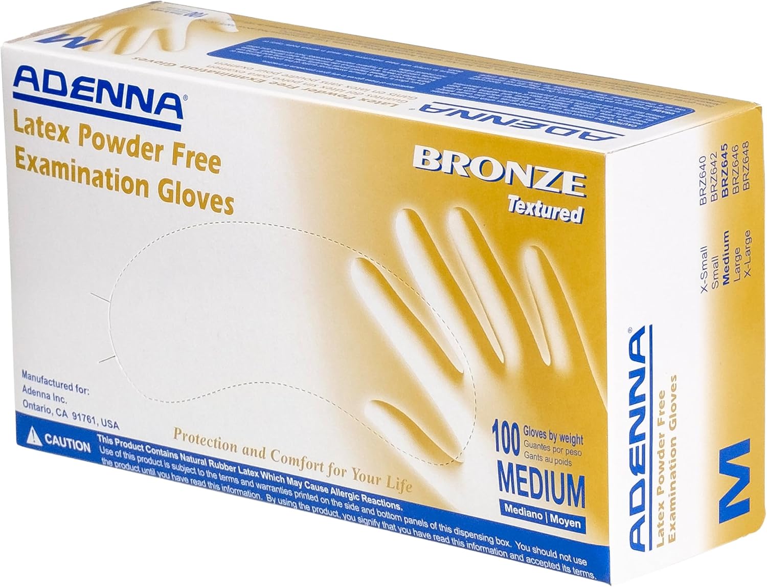 Adenna BRZ645 Bronze 5.5 mil Powder-Free Latex Gloves, Medical Grade, White, Medium, Box of 100