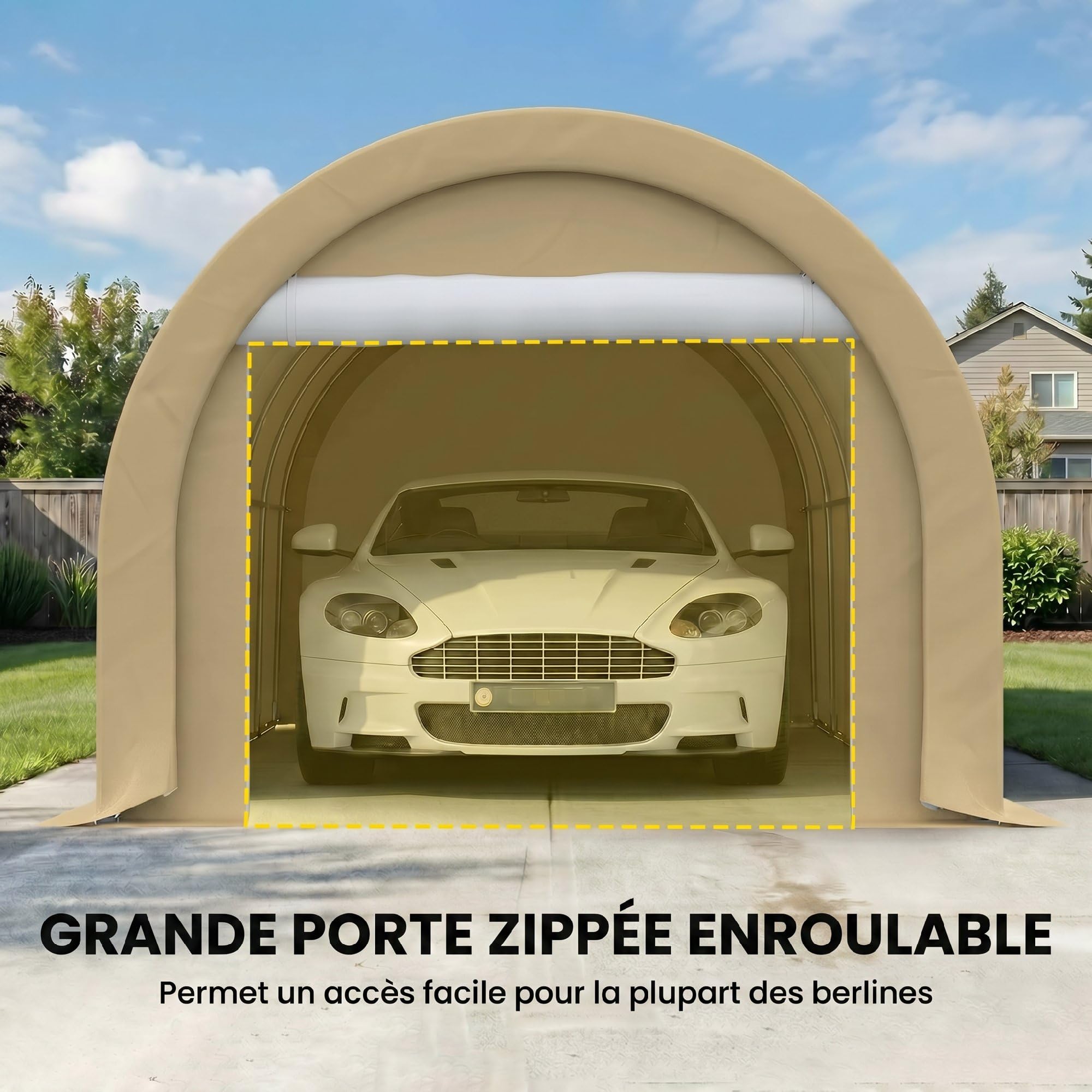 Outsunny Carport Tente de Garage 5 x 3 x 2,4 m, abri Voiture extérieur, Tente de Stockage avec Porte Enroulable zippée, Acier galvanisé, PE Haute densité 190 g/m², Beige