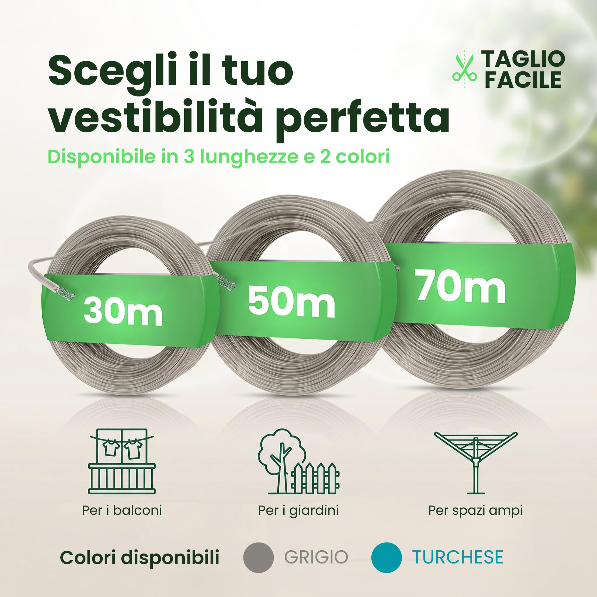 SimplySmooth Stendibiancheria 30m - Corda con anima in acciaio in 3 lunghezze - Extra resistente e robusta - Per giardino, campeggio e stendibiancheria - Corda da esterno