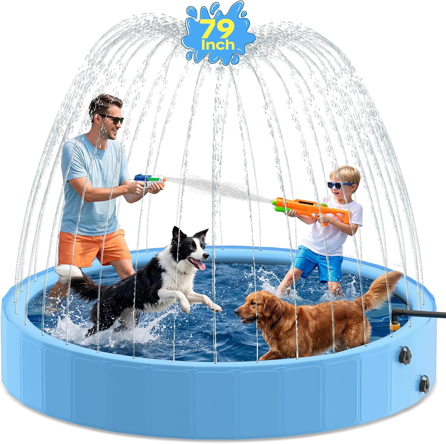 63'' Dog Pool with Sprinkler, Foldable Dog Pools for Large Dogs, 2-in-1 Non-Slip Swimming Pool for Dogs & Kids, Heavy Duty Hard Plastic Pet Bathing Tub for Outdoor Backyard, Blue