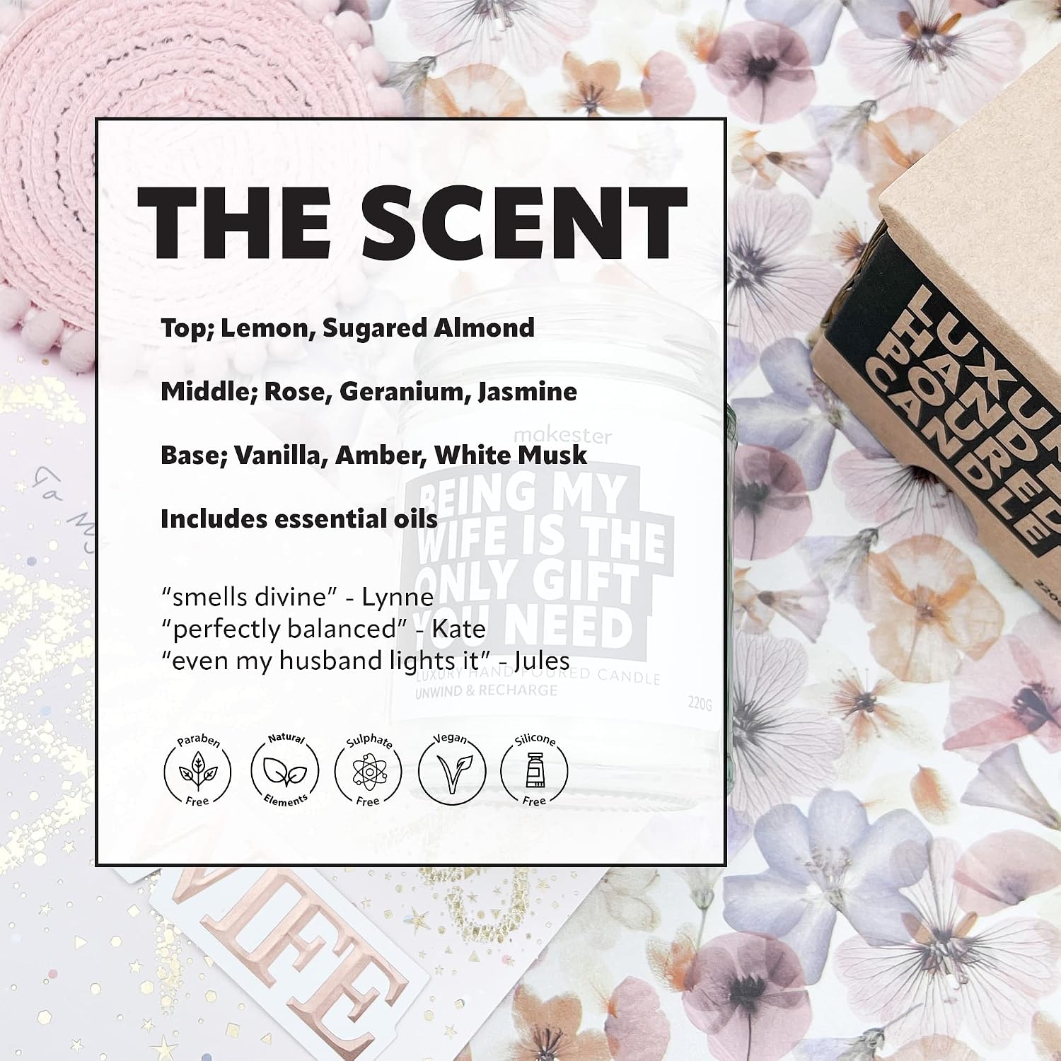 Valentines Gifts for Her Candle - Luxury Soy Wax Candle - Vanilla, Jasmine, Sugared Almond - Makester, White, 220 gram - Image 4