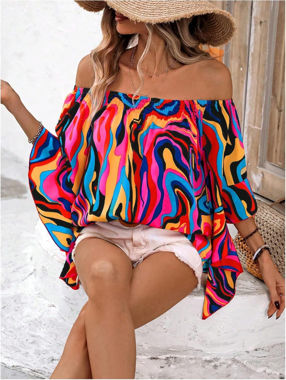 GORGLITTER Women's Off The Shoulder Tops Boho Asymmetrical 3/4 Sleeve Ruffle Colorful Blouses Shirt Tops Dressy Casual - Image 4