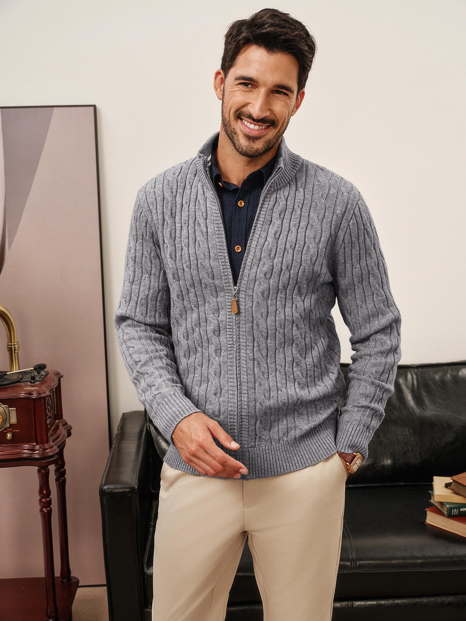 PJ PAUL JONES Cardigan da uomo con chiusura lampo, colletto alto, motivo a treccia