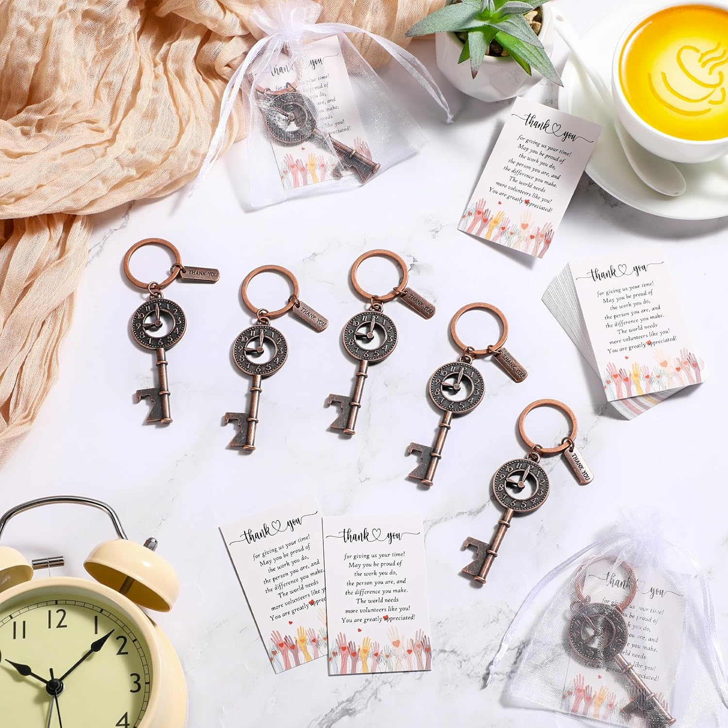 Tondiamo 50 Sets Volunteer Appreciation Gifts Thank You for Giving Us Your Time Clock Bottle Openers Keychains with Thank You Cards and Bags for Volunteer Social Worker Employees Teacher (Bronze)