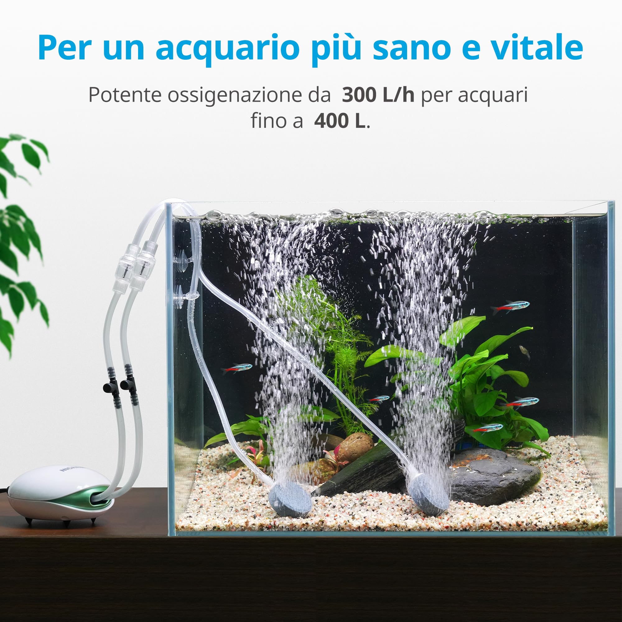 NICREW Ossigenatore per Acquario Ultra Silenzioso fino a 400 L con Flusso Regolabile, Pompa d'Aria per Acquario <37 dB Dotata di Tubo dell'Aria, Pietra e Valvola di Non Ritorno