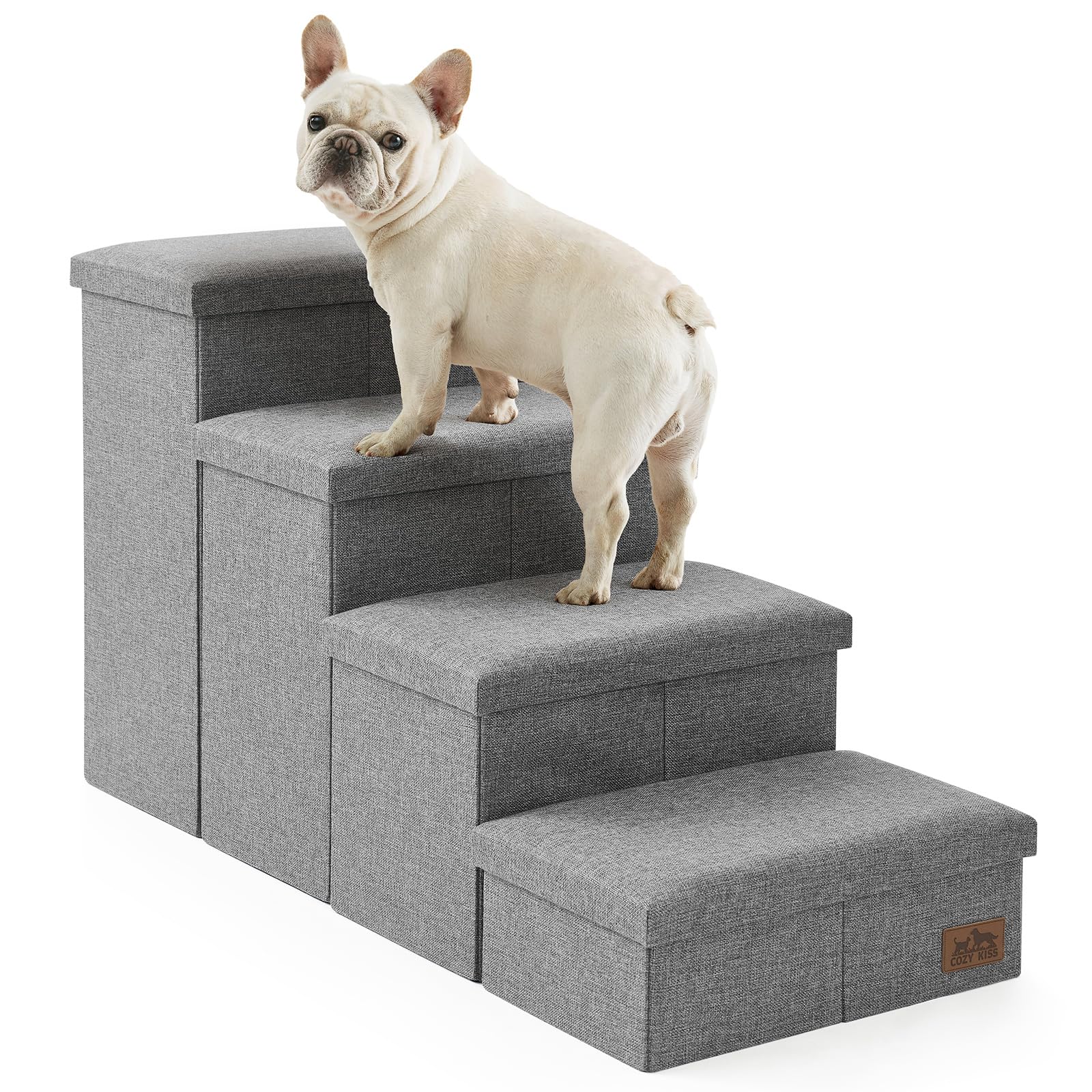 Dog Stairs with Storage, 4-Step Wider Sturdy Dog Steps for Small/Medium/Large Dogs and Older Cats, Folding Doggie Ramp for Bed/Couch/Car Hold Up to 180 lbs (22" H, Grey)