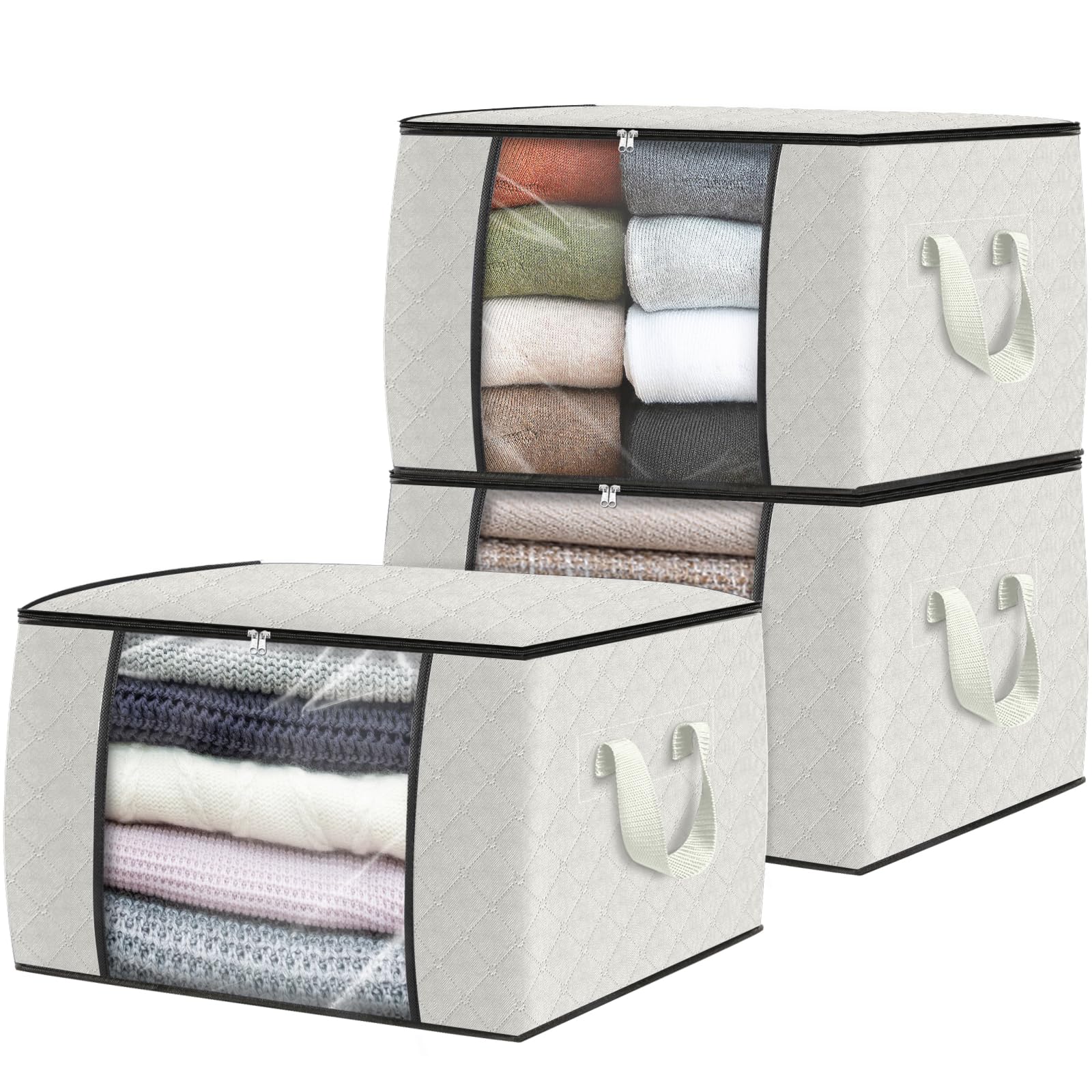 Fab totes3 Pack Clothes Storage, Foldable Thick Fabric Blanket Storage Bags, Containers for Organizing Bedroom, Closet, Clothing, Comforter,Organization with Handle,Ivory White
