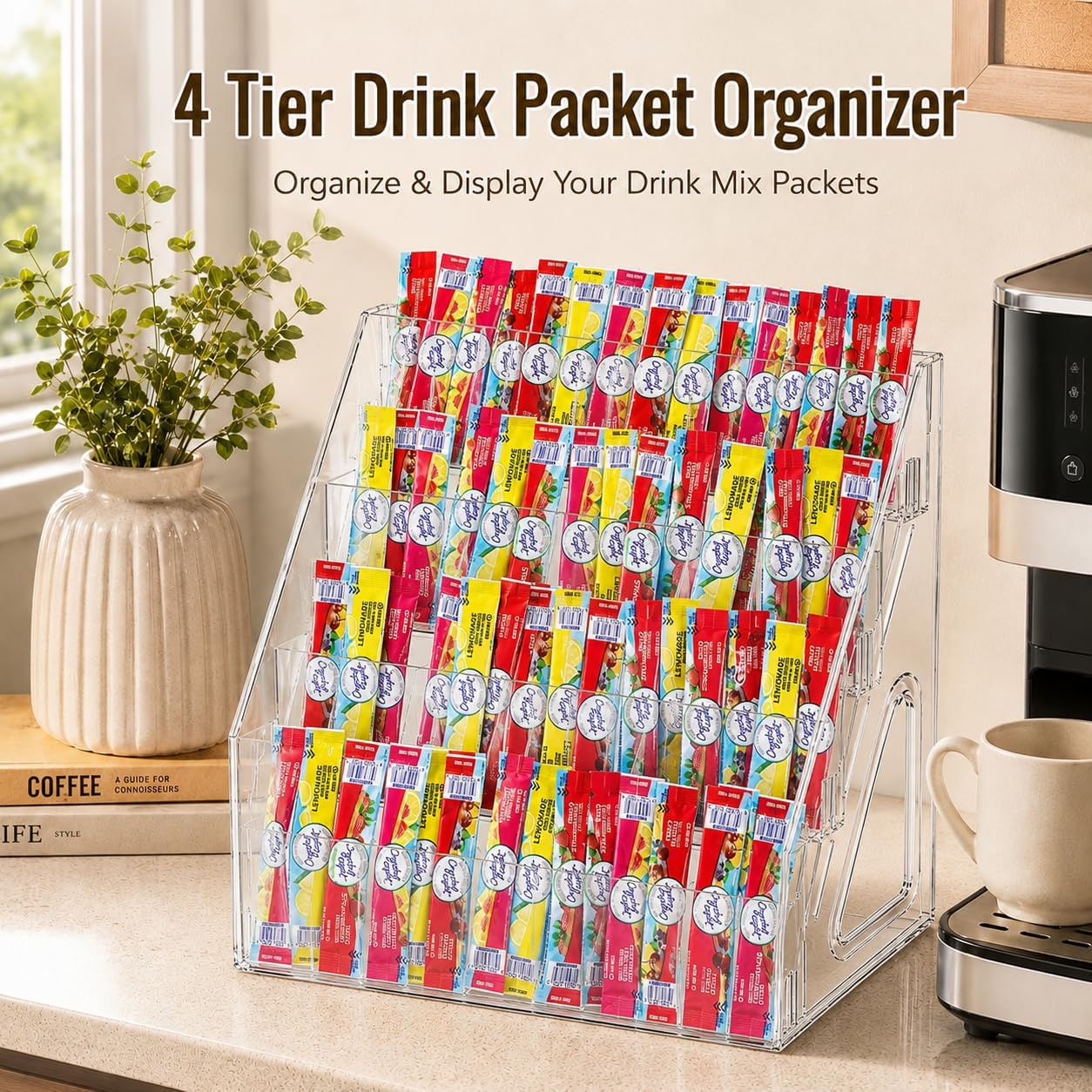Drink Packet Organizer, 20 Slot Acrylic Powdered Drink Storage Holder, 4 Tier Beverage Packet Organizer Rack for Pantry, Coffee Bar & Office (4 Tier) image 2