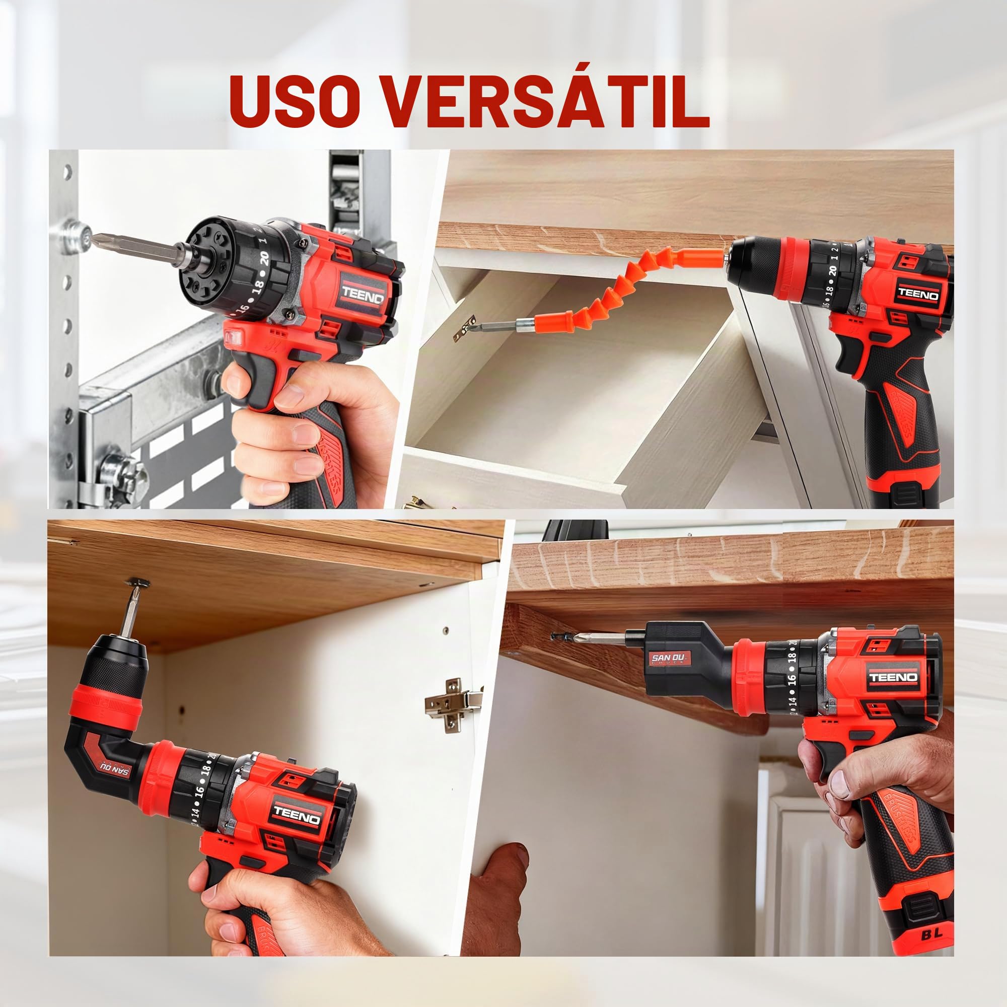 TEENO Taladro Percutor a Batería 18V Sin Escobillas, Kit de Destornillador Eléctrico, 20+3 Velocidades, Max 45Nm, con Adaptador de Desplazamiento, Mandril de Sujeción Rápida, LED