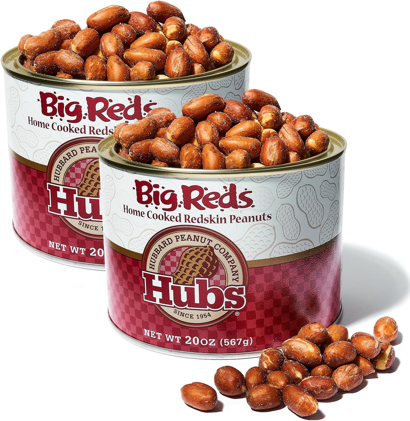 Hubs Peanuts Freshly Home Cooked Big Reds - Premium Virginia Nuts with Red Skins - Healthy Snacks Salted Peanuts - Reusable Vacuum-Sealed Tin, 2 Packs of 20 oz Cans