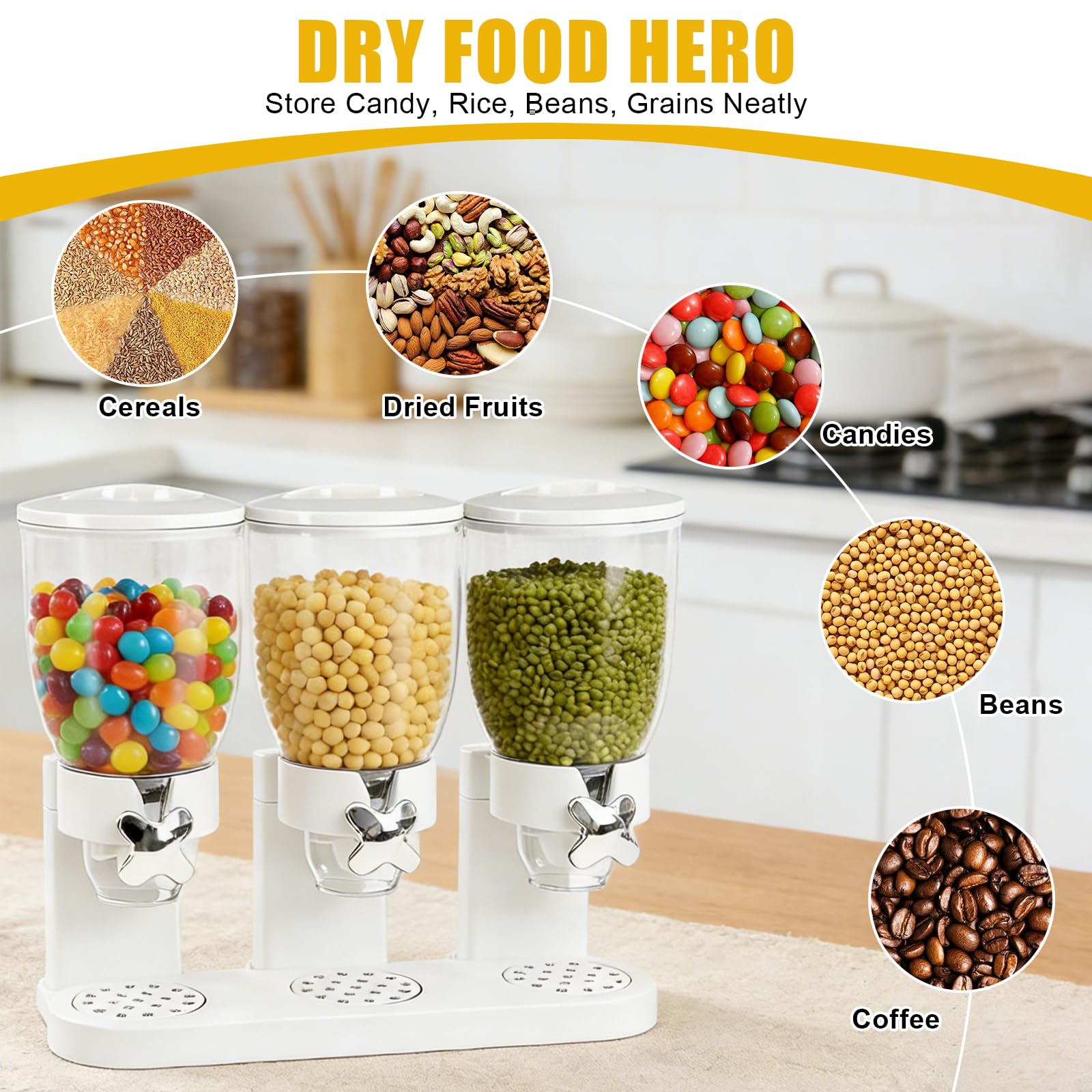 Cereal Dispenser 2L, Dreifacher Müsli Verteiler für die Arbeitsplatte, Müslispender 3er Set Luftdichte Behälter für Müsli, Reis, Körner, Süßigkeiten, Kaffebohnen