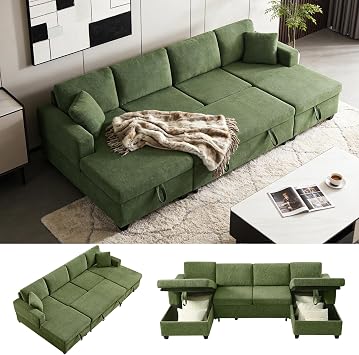 VANOMi Sectional Sleeper Sofa with Storage, U Shaped Sectional Couch with Pull Out Bed, Cozy Chenille Modulalr Sectional Sofa for Living Room, Apartment, Bedroom, Office, Olive Green
