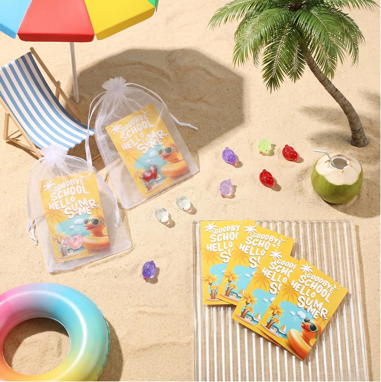 Colingmill 30 Set End of School Year Gift Bulk Goodbye School Hello Summer Resin Ducks with Card Last Day Party Supplies, Mini Duckies for Graduation Pool Beach Party Pocket Favors