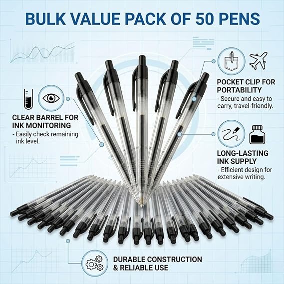 50 Pack Smooth Write Retractable Black Ink Ballpoint Pens | Click Pens for Office, School & Home Use | Bulk Pack Smooth Writing Retractable Pens | Comfortable Grip Fast Dry Ink Everyday Writing