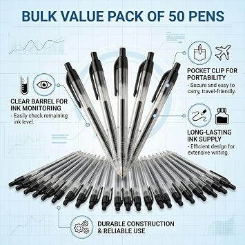 50 Pack Smooth Write Retractable Black Ink Ballpoint Pens | Click Pens for Office, School & Home Use | Bulk Pack Smooth Writing Retractable Pens | Comfortable Grip Fast Dry Ink Everyday Writing