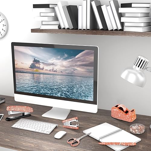 Miniatura 6 de Juego de 6 piezas de accesorios de escritorio de oficina, kit de papelería escolar de cristal, grapadora de tijera con grapa, dispensador de cinta,