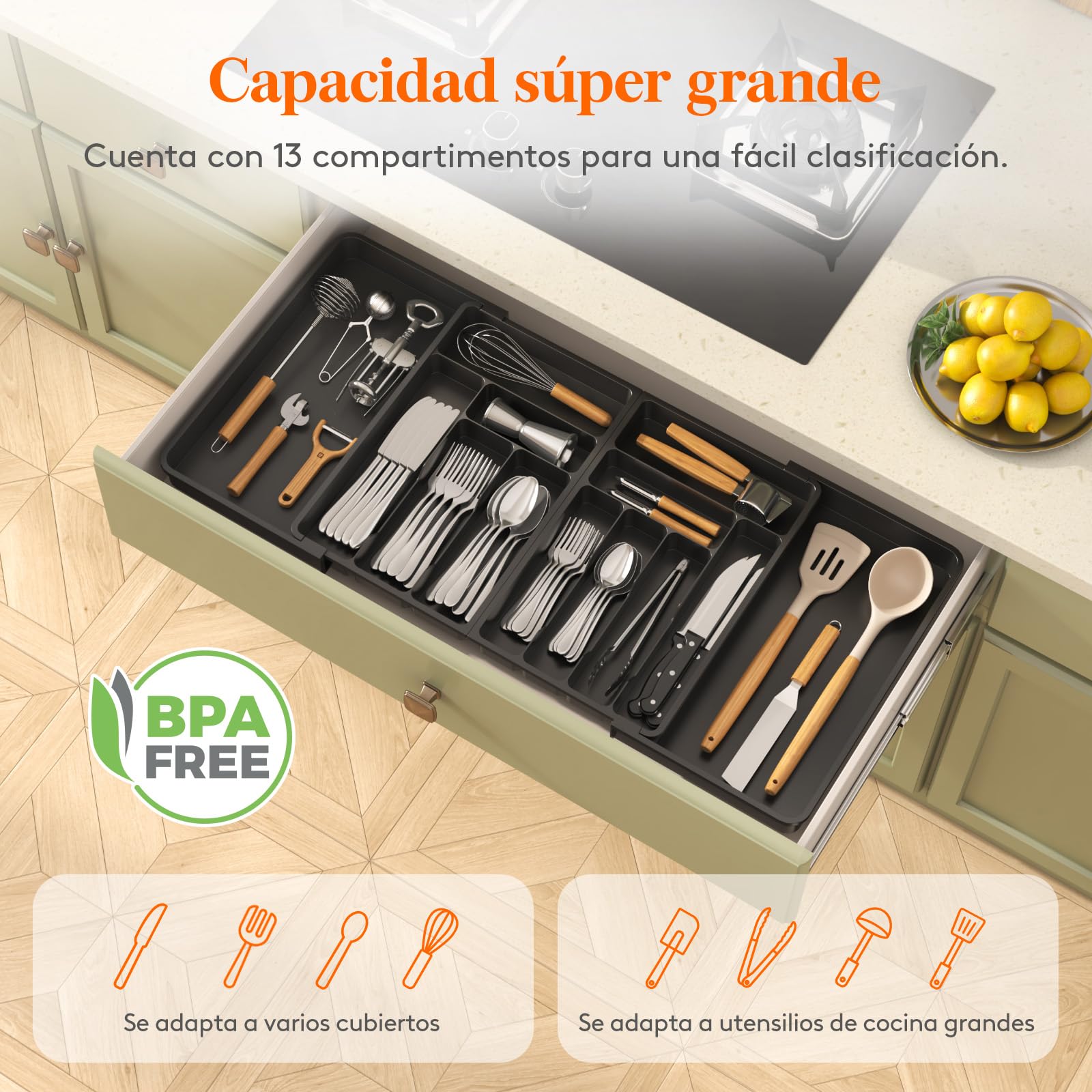 Lifewit Grandes Organizador Cuberteros para Cajon, Extensible al 36 Pulgadas de Ancho, BPA Free Bandeja Vajilla de Cocina, Tabletas Separador de Plástico para Cuchillo/Cuchara/Tenedor, Negro