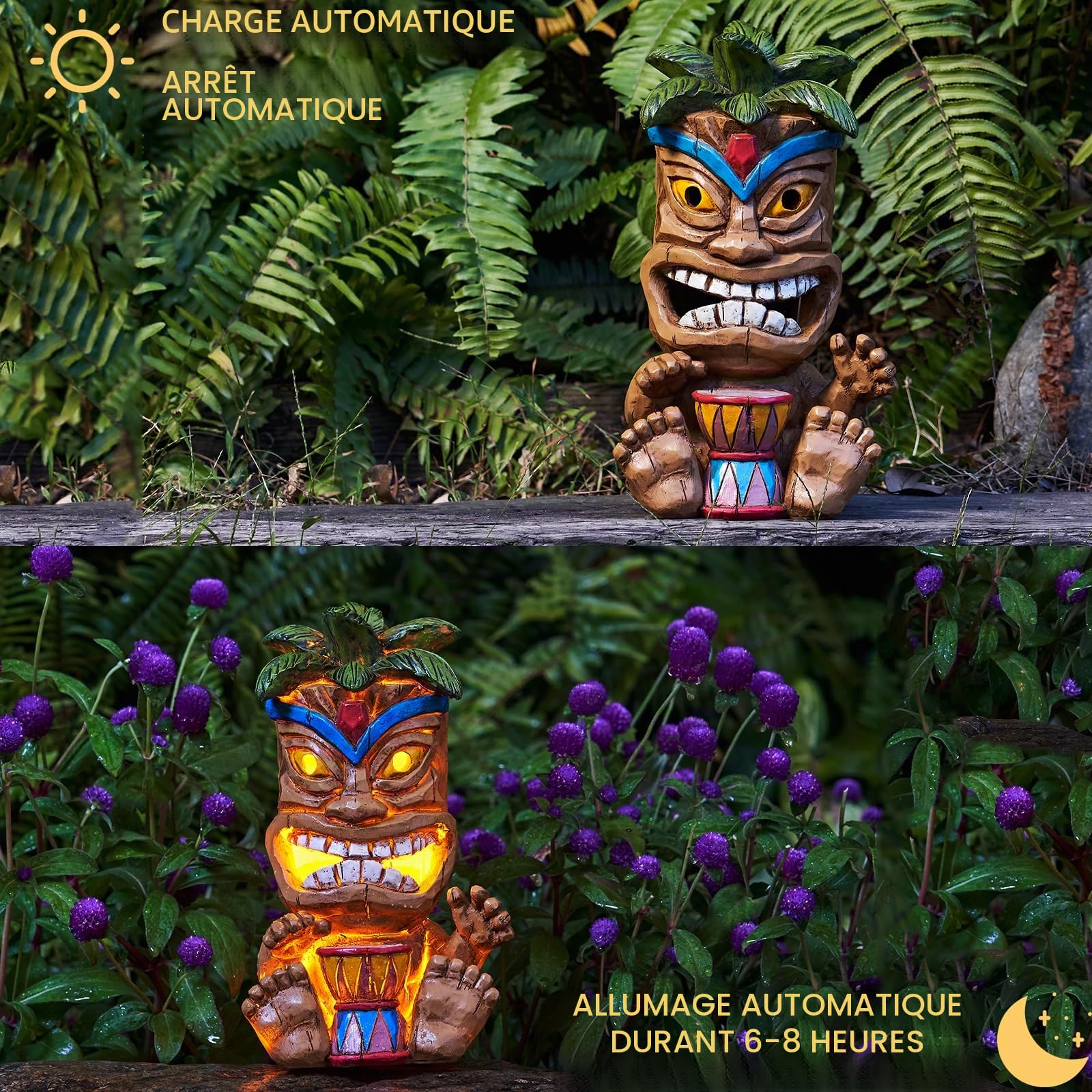 Statue Tiki d'extérieur décorative à énergie solaire - Statuettes de jardin Tiki - Décoration de bar totem - Figurines étanches pour jardin, terrasse, balcon, cour, pelouse, 26 cm de haut