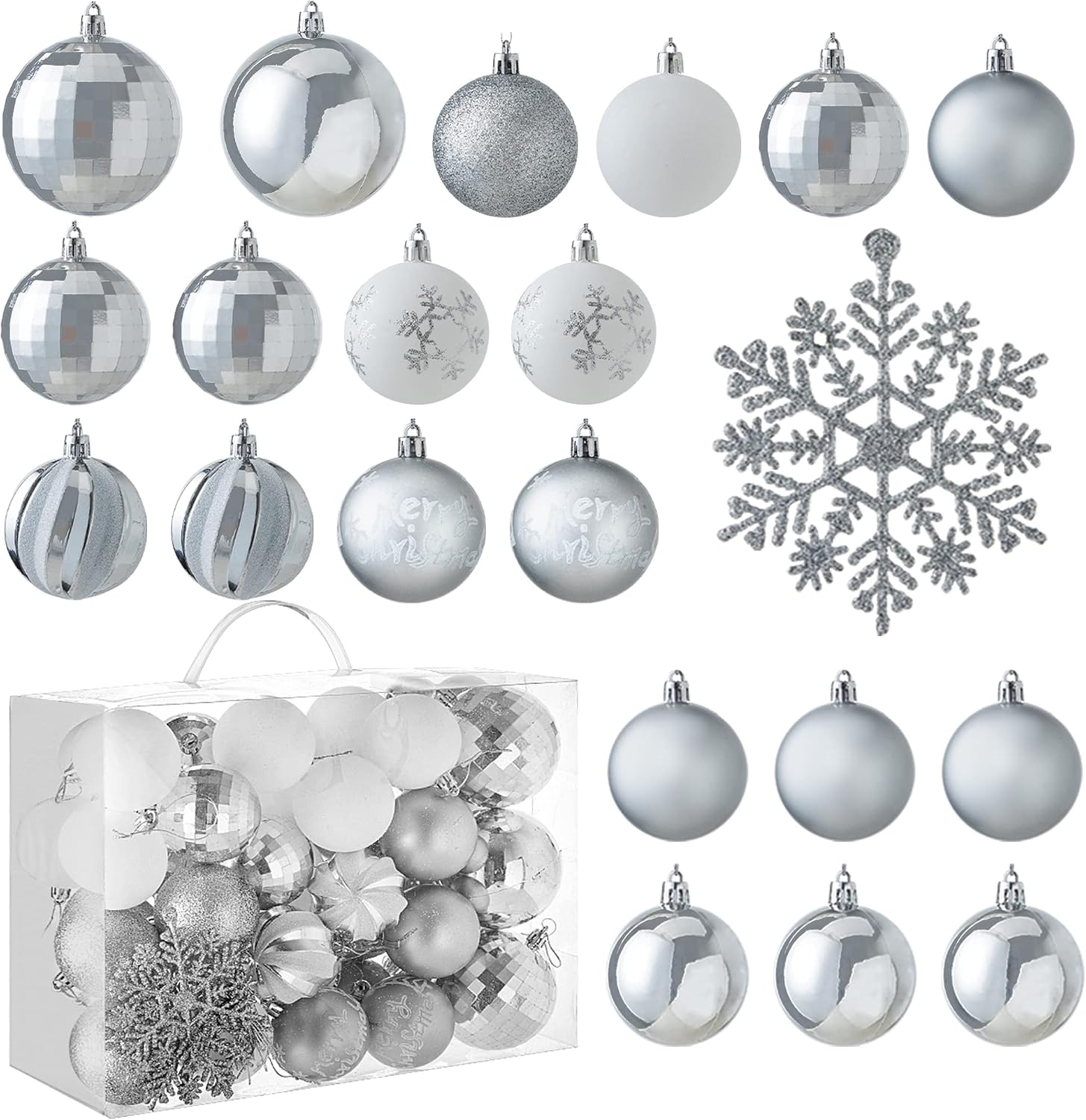 Joiedomi 50 Pcs Christmas Ornaments,Silver and White Christmas Ornaments Assorted Shatterproof Ornaments for Holidays, Indoor Party Decoration,Christmas Tree Ornaments, and Events (Silver & White)