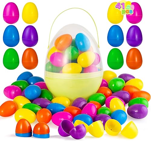 JOYIN 40 huevos de Pascua de plástico de 2.3 pulgadas con 1 huevos de Pascua grandes portátiles para rellenar golosinas específicas, recuerdo de