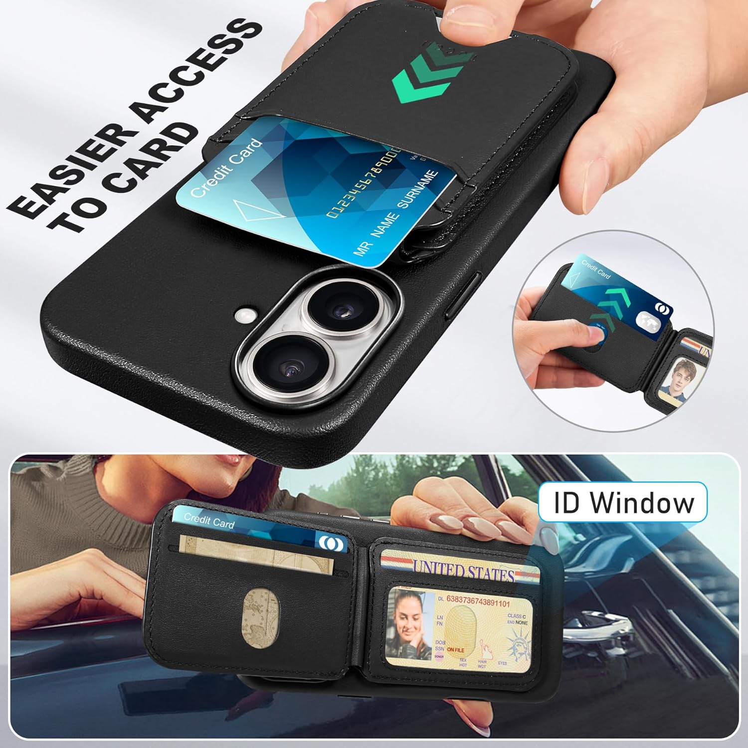 TUCCH Magnetic Case for iPhone 16 with Removable Wallet, 5 Card Holders Adjustable Stand Wallet Wireless Charging Anti-Slip RFID Blocking Slim PU Leather Cover Compatible with iPhone 16 6.1", Black