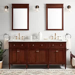 Signature Hardware 465063 Elmdale 72" Free Standing Double Vanity Cabinet Set with Mahogany Cabinet, Vanity Top and Rectangular Undermount Sinks - 8" Faucet Holes - Antique Brown/Carrara Marble