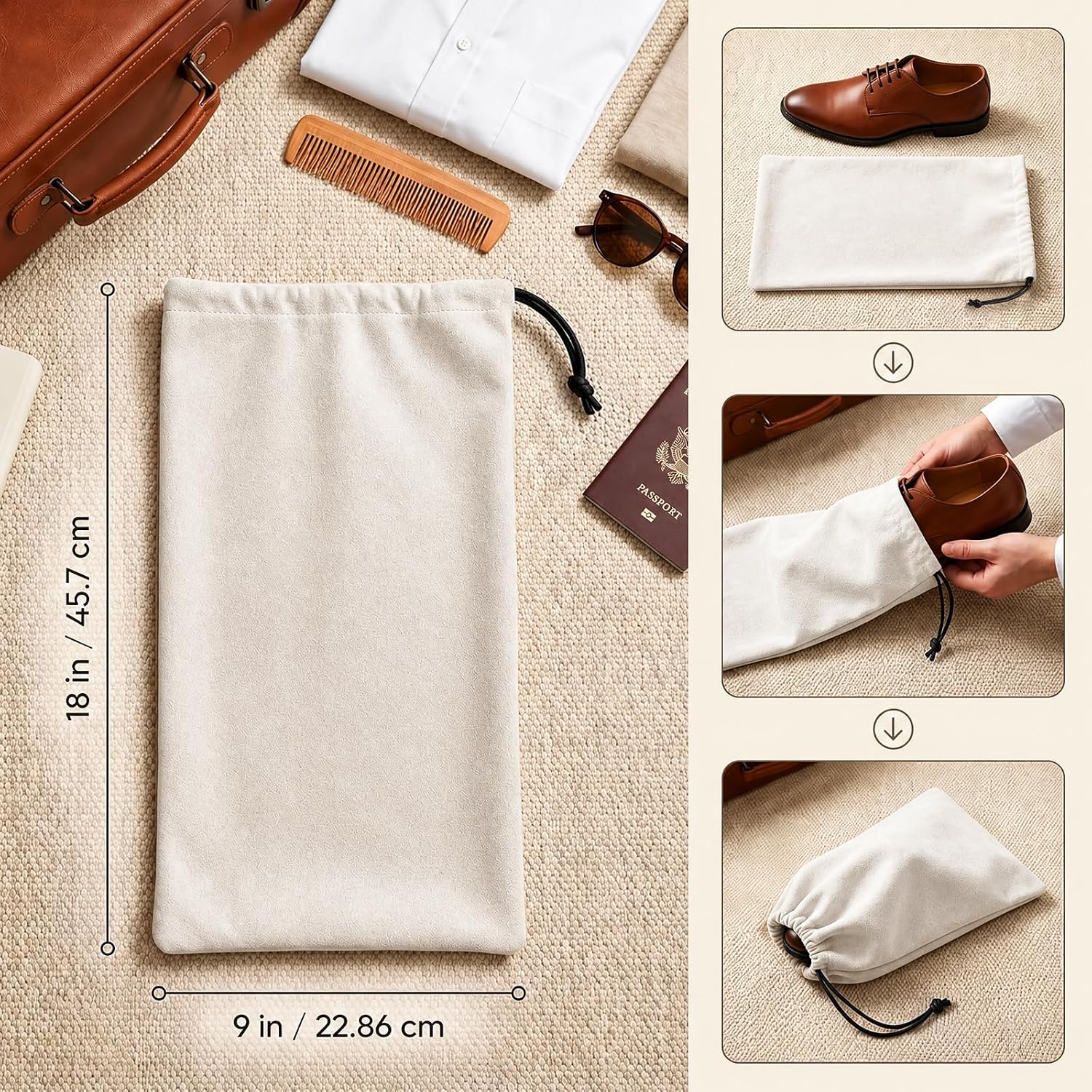 10PCS Single Shoe Bags for Travel - 18"X9" Dustproof Shoe Bags for Suitcase, Suede Shoe Pouch with Drawstring Closure