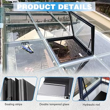 Skylight Roof Window, Tempered Glass Skylight Cover, Aluminum Alloy Frame & Hydraulic Rod, Egress Roof Window with Double-Layer Tempered Glass, for Roof, Attic, Basement, Sun Room, Warehouse (68*78cm)