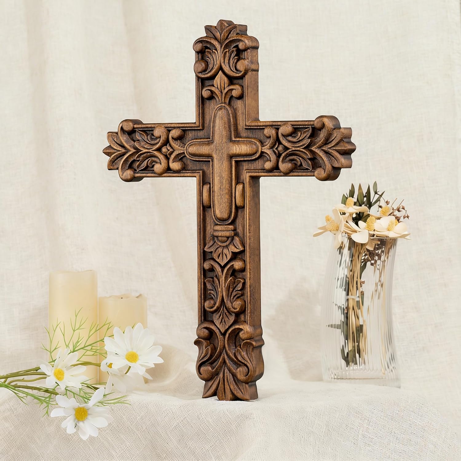 BGCarvedGrace Handcrafted Wooden Wall Cross with Ornate Lily Flower Carved Design, Decorative Religious Home Decor (10 Inch)