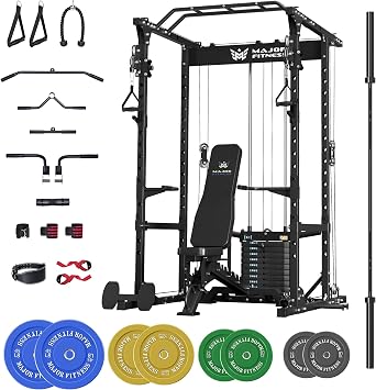 MAJOR FITNESS Power Cage Drone1 Premium- Multi-Function Power Rack for Home Gym, Squat Rack with Pull-up Bar, Cable Crossover System, J-Hooks, for Strength Training, Heavy-Duty Steel Construction
