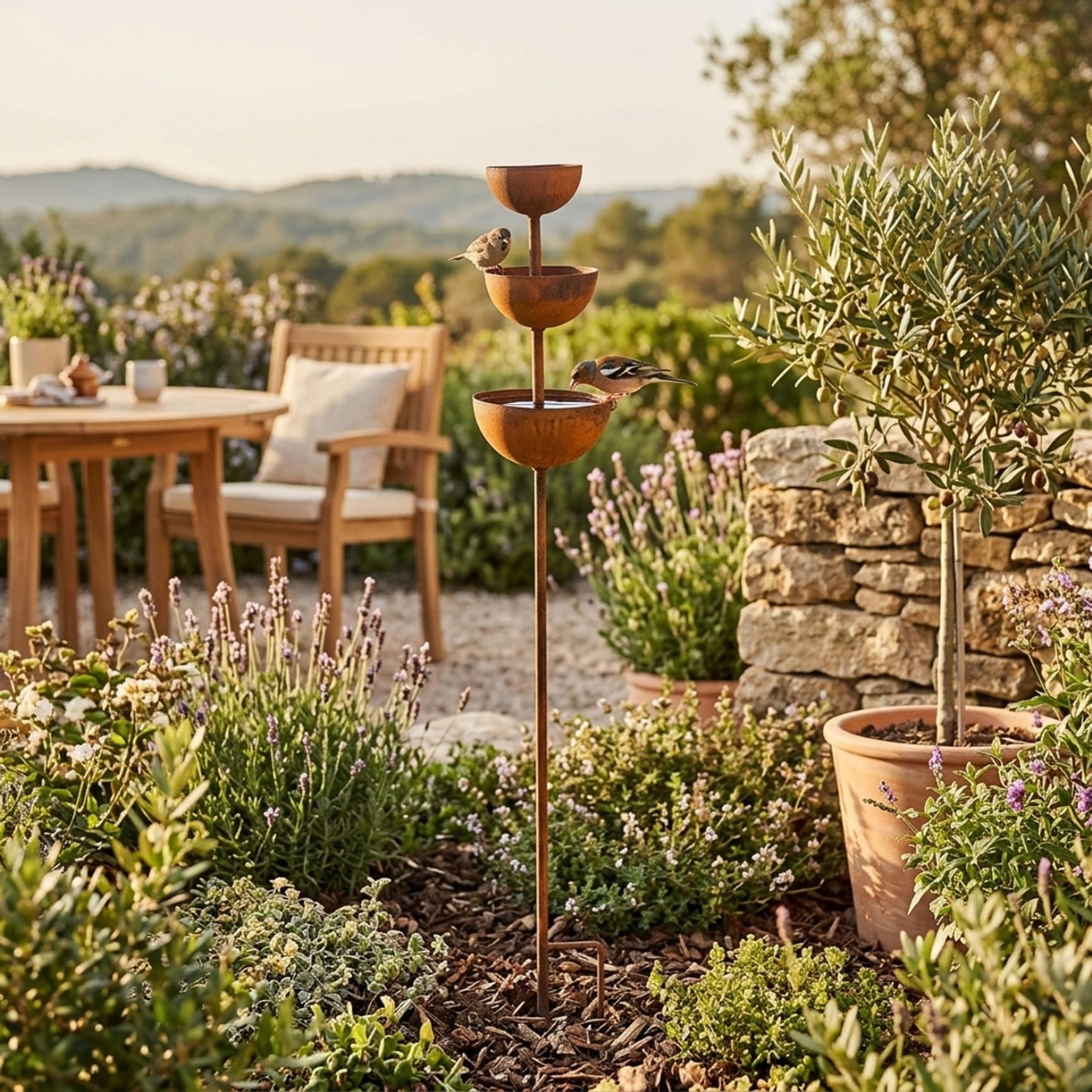 Ciotola per l'acqua per uccelli, paletto da giardino alto 26, 8 pollici con finitura in rame a 3 livelli, vasca per uccellini in metallo rustico per decorazioni da giardino e acchiappapioggia, ciotola