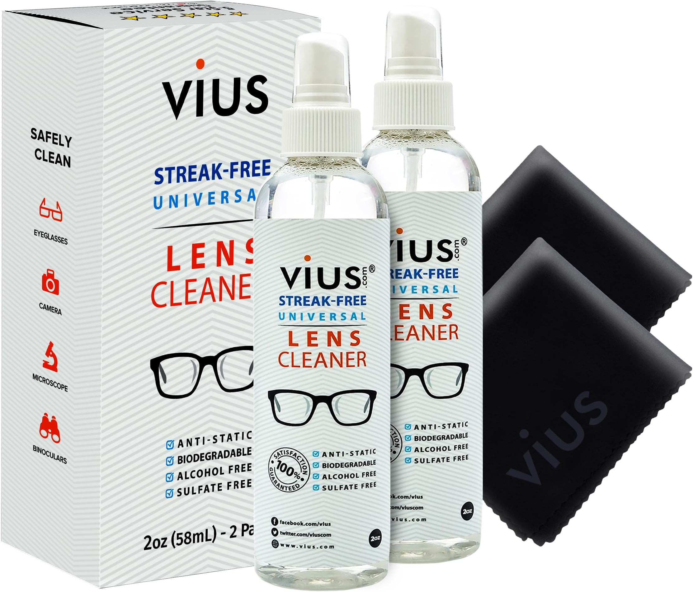 Lens Cleaner Kit – vius Premium Lens Cleaner Spray for Eyeglasses, Cameras, and Other Lenses - Gently Cleans Fingerprints, Dust, Oil (2oz Travel Pack)